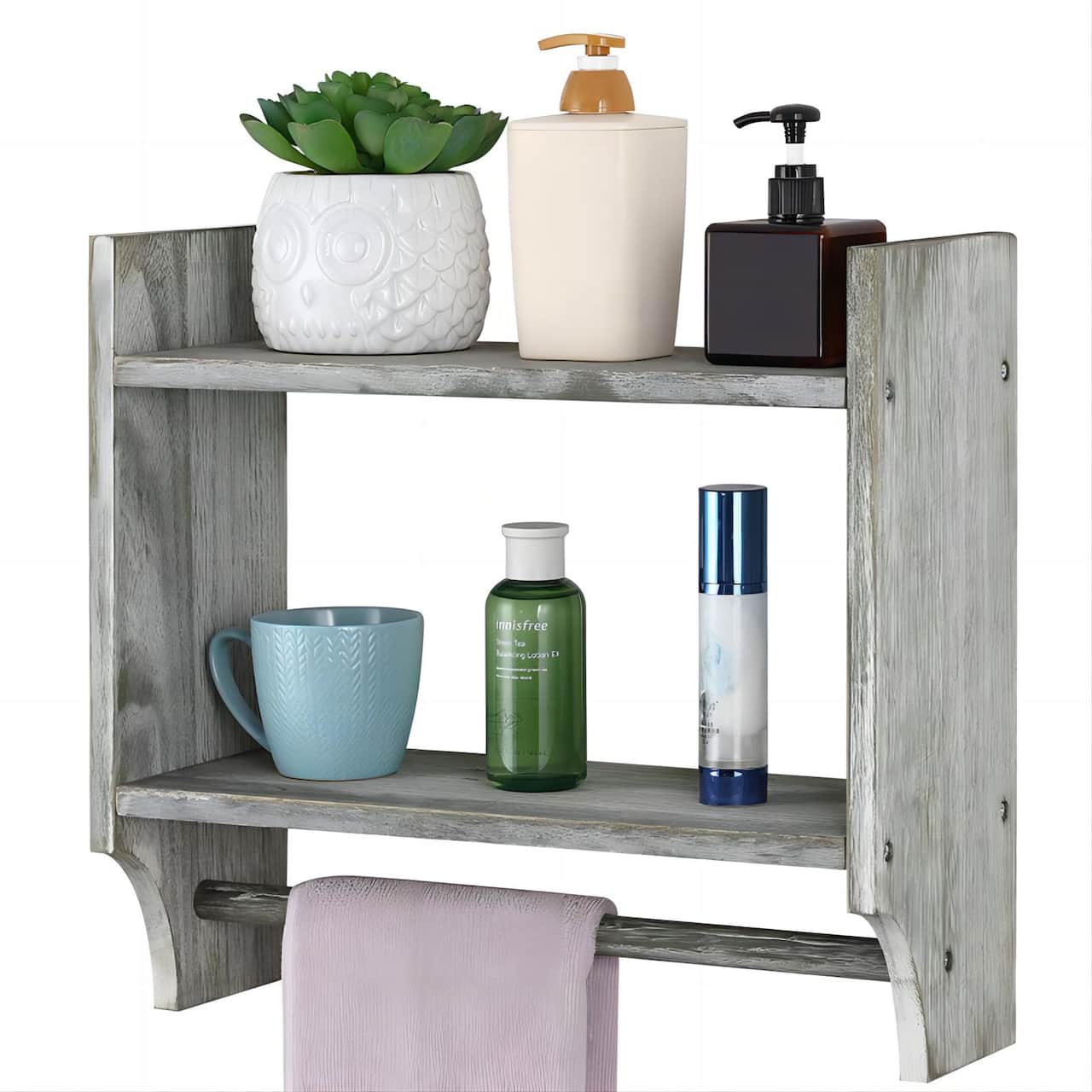 2-Tier Wood Wall Mounted Bathroom Shelf with Towel Rack